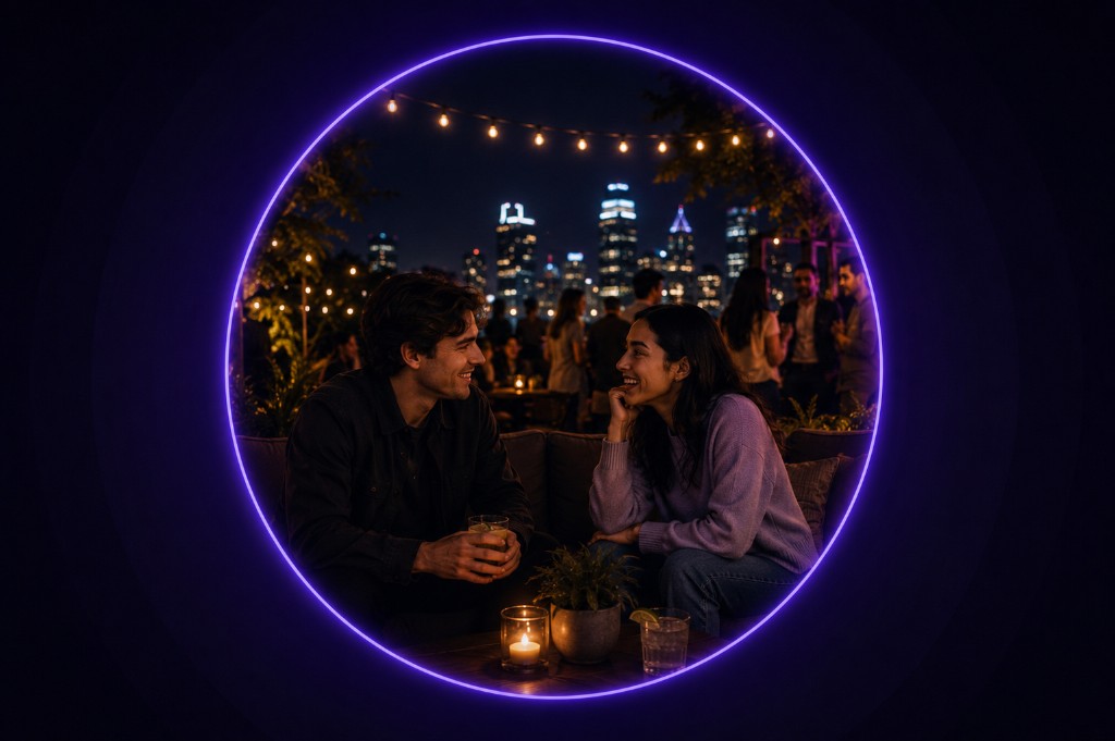 Two people connecting on a rooftop nearby